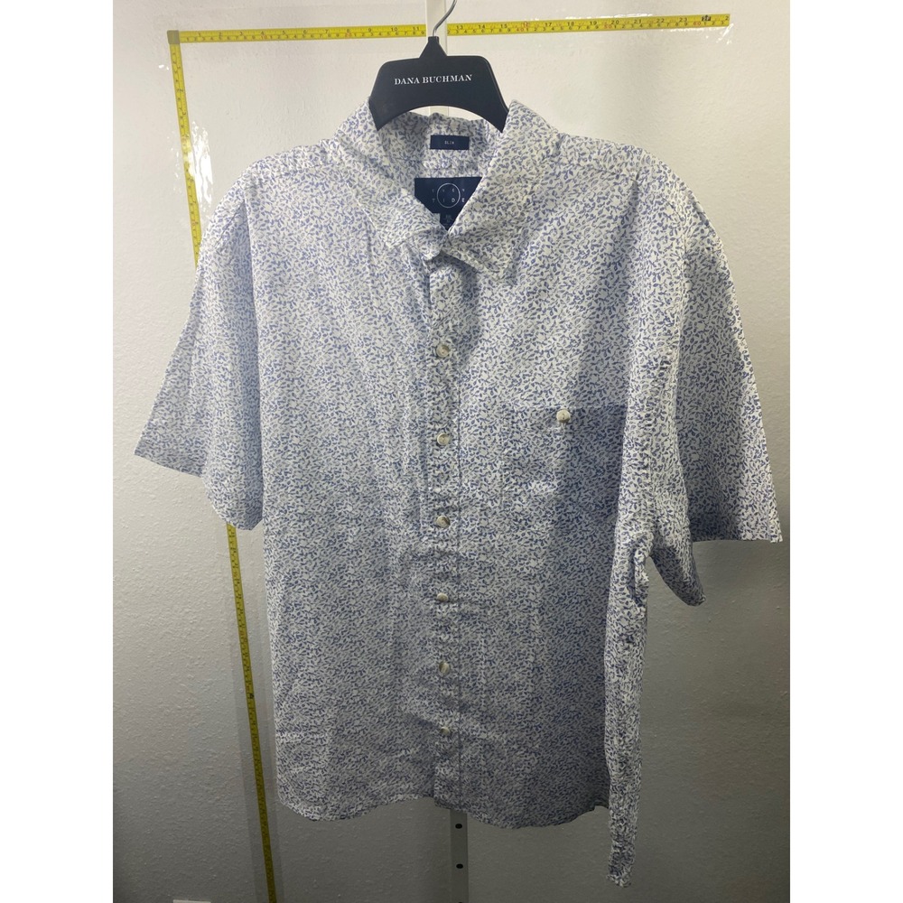 Even Tide Men XXL Slim Fit Short Sleeve Button Down Shirt Blue White Floral Leaf